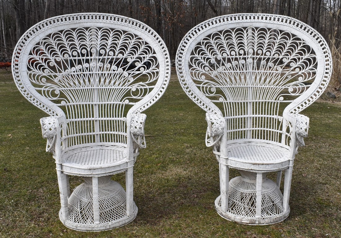 PAIR VINTAGE PAINTED WICKER PEACOCK CHAIRS, 20TH C. (1 of 19)