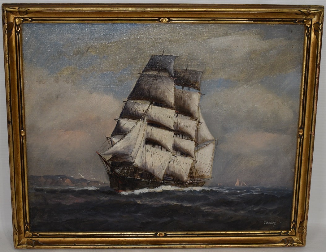 O/C THREE MASTED SHIP SIGNED T. BAILEY, C. 1930 (1 of 8)