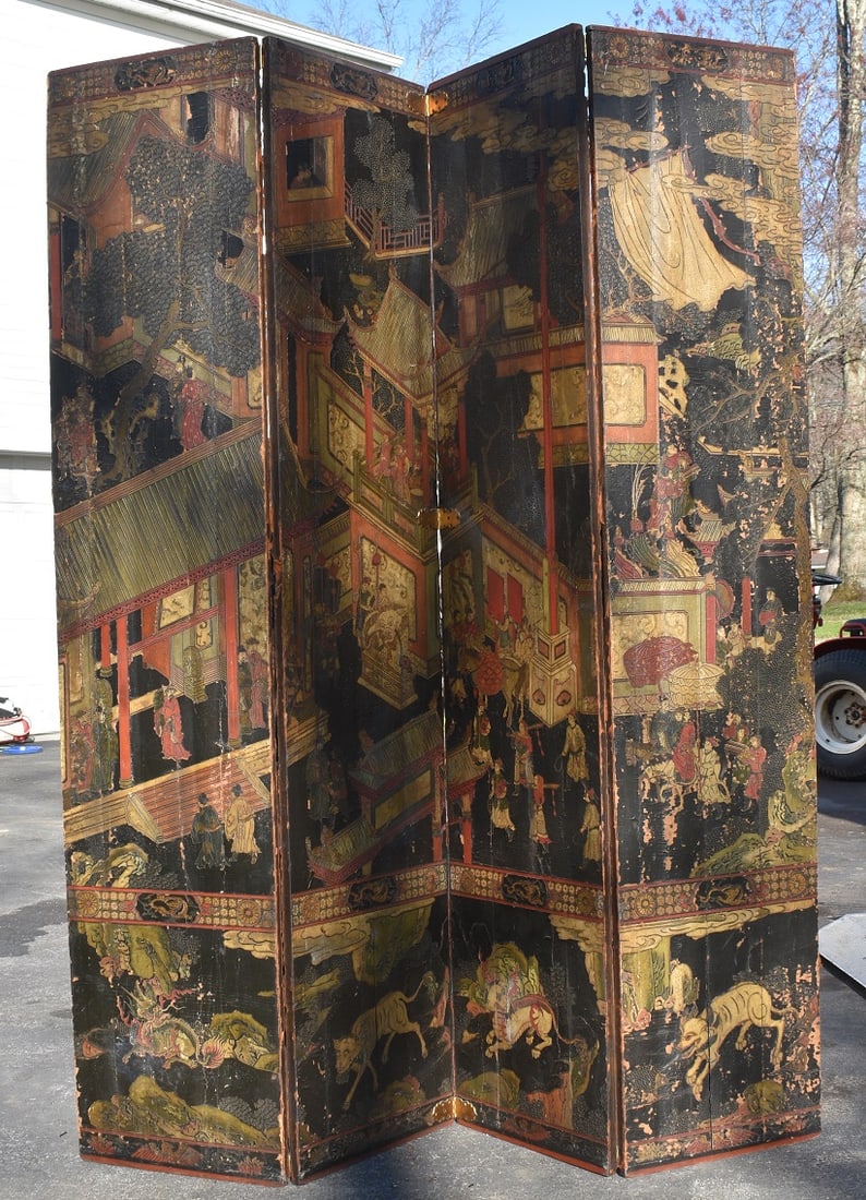 CHINESE LACQUERED LEATHER FOLDING DRESSING SCREEN (1 of 19)