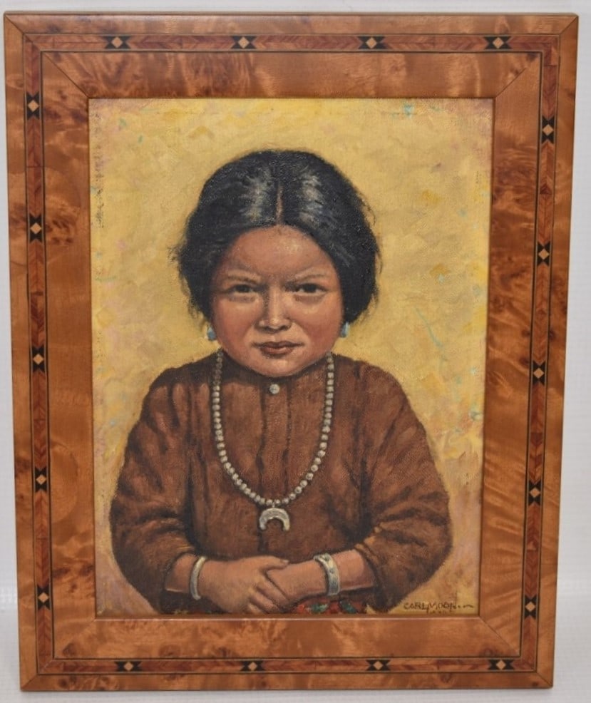 O/B YOUNG SQUAW W/JEWELRY SIGNED CARL MOON, DATED 1939: O/B YOUNG SQUAW W/JEWELRY SIGNED CARL MOON (EVERTON (KARL) 1879-1948 CALIFORNIA, ARIZONA, OHIO), DATED 1939 C., 8" X 6"