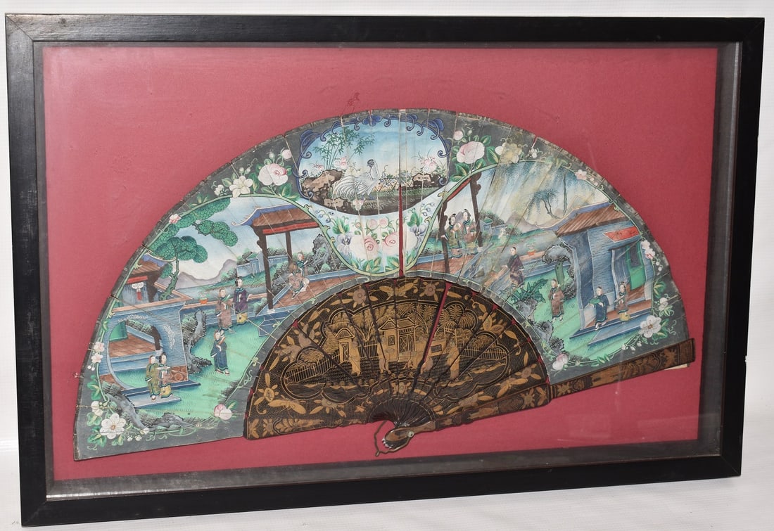 FINE CHINESE H/P LACQUERED FAN (FRAMED & GLAZED) 19TH C (1 of 8)