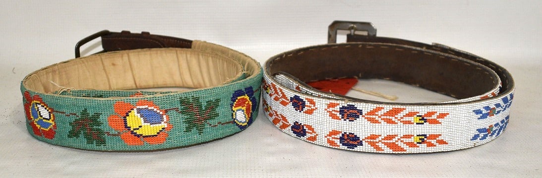 LOT (2) AMERICAN INDIAN BEAD DECORATED BELTS, 20TH C.: LOT (2) AMERICAN INDIAN BEAD DECORATED BELTS, 20TH C., L. GREEN 39", L. WHITE 45"
