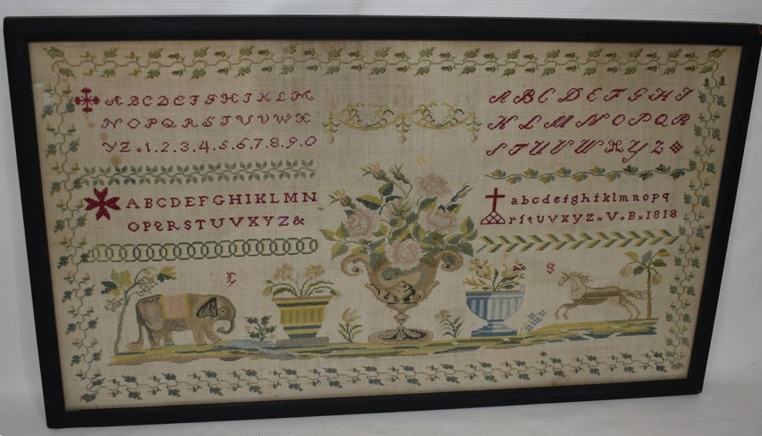 FINE NEEDLEPOINT SAMPLER W/ALPHABET/ELEPHANT/HORSE/URNS (1 of 7)