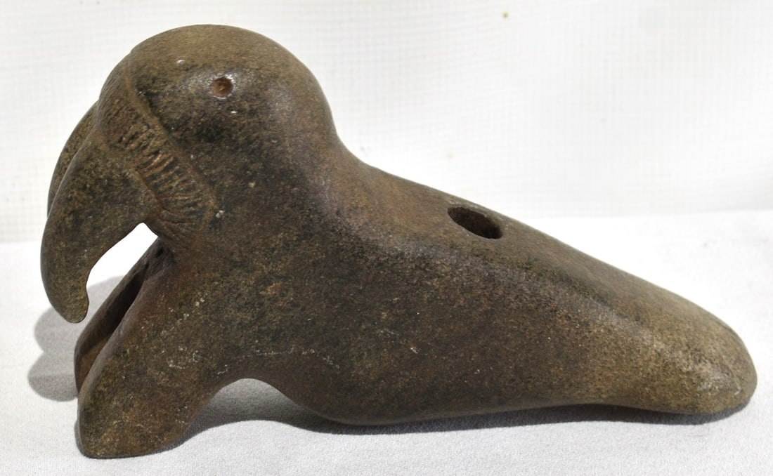 RARE ESKIMO CARVED WALRUS PIPE, 19TH C., L. 9" (1 of 6)