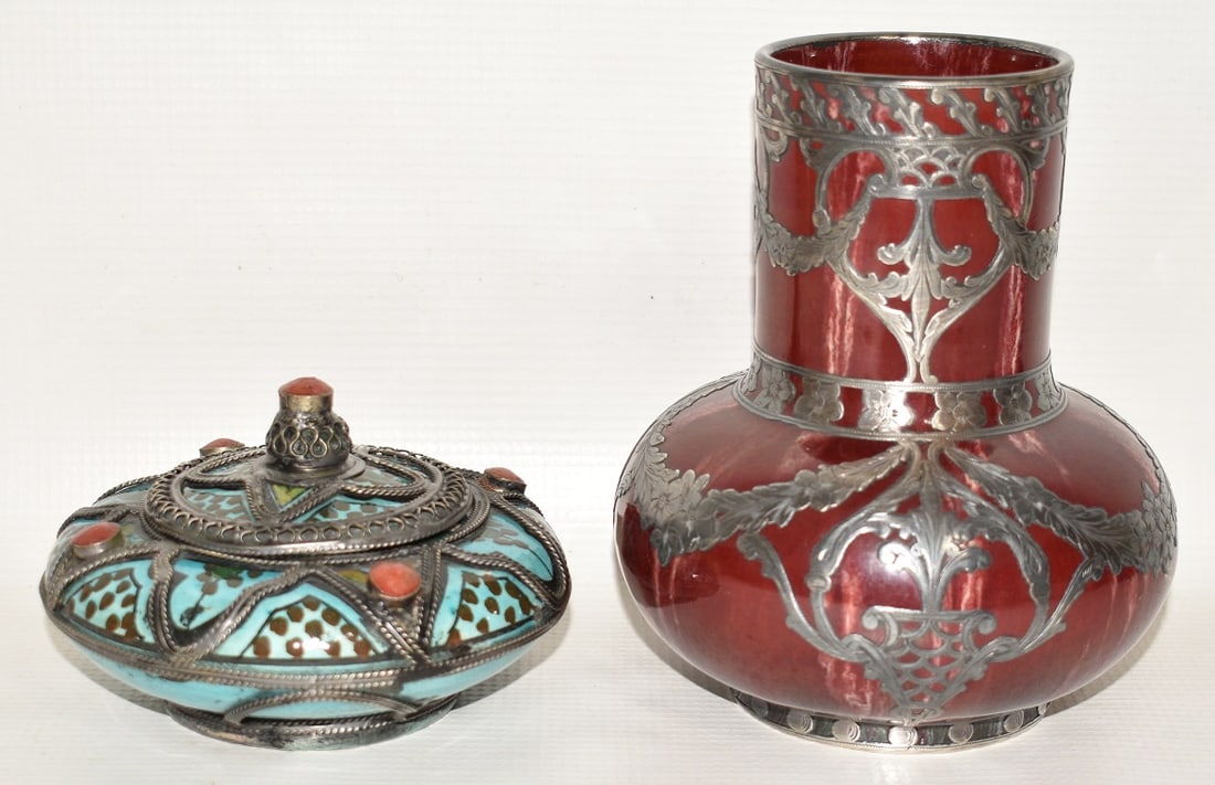 LOT (2) PERSIAN STYLE SILVER OVERLAY POTTERY, 19TH C. (1 of 14)