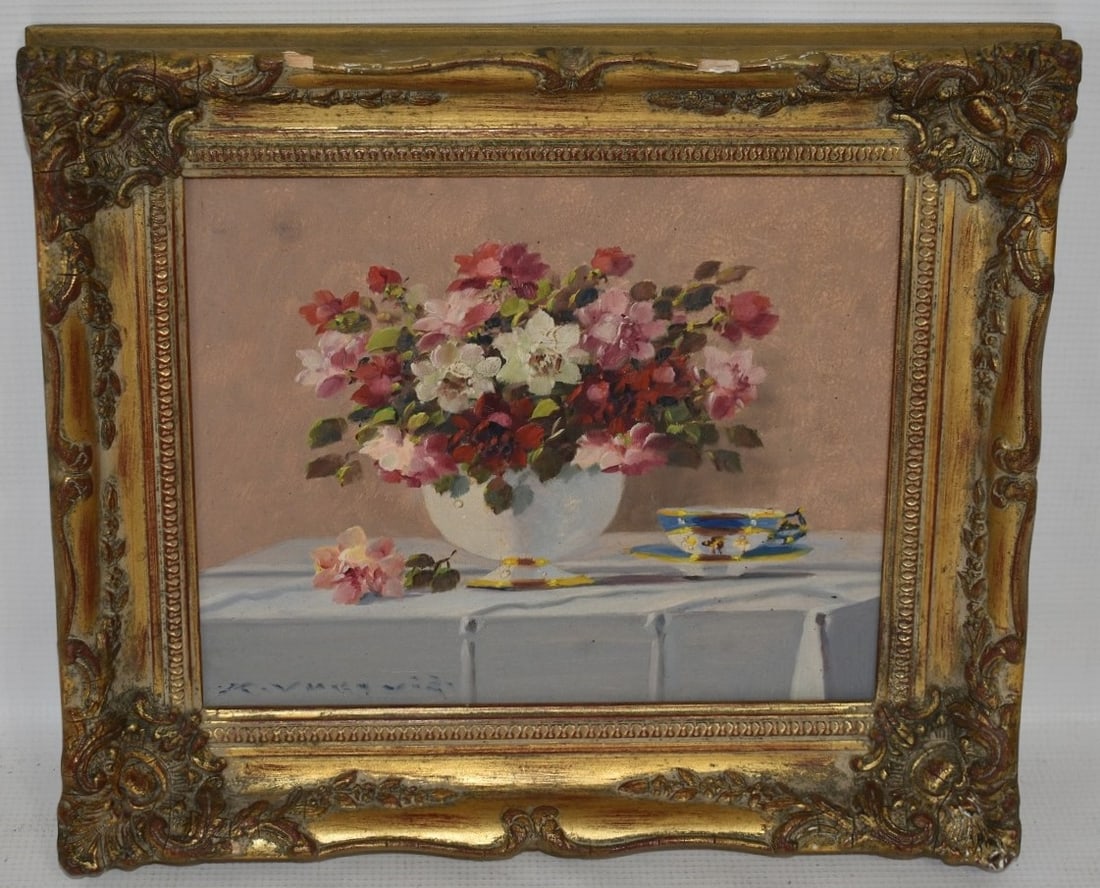 O/B STILL LIFE W/FLOWERS SIGNED M. YUKOVIC: O/B STILL LIFE W/FLOWERS SIGNED M. VUKOVIC (MARKO 1892-1973 WOODSTOCK NY, YUGOSLAVIA) 20TH C., 8" X 10"