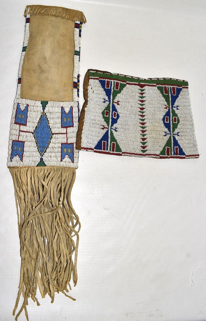 2 INCL AM. INDIAN BEADED DEERSKIN PIPE BAG/BREAST PLATE (1 of 13)