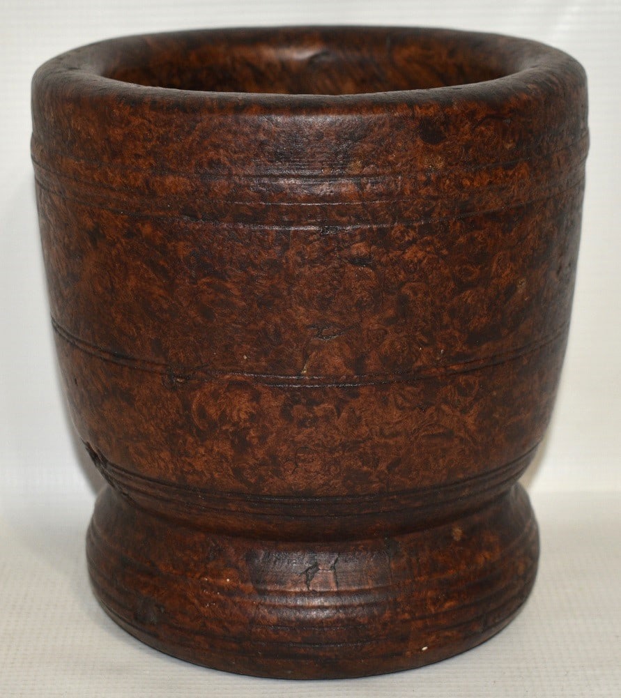 EXCEPTIONAL CARVED/TURNED PHYSICIANS WALNUT BURL MORTAR (1 of 8)