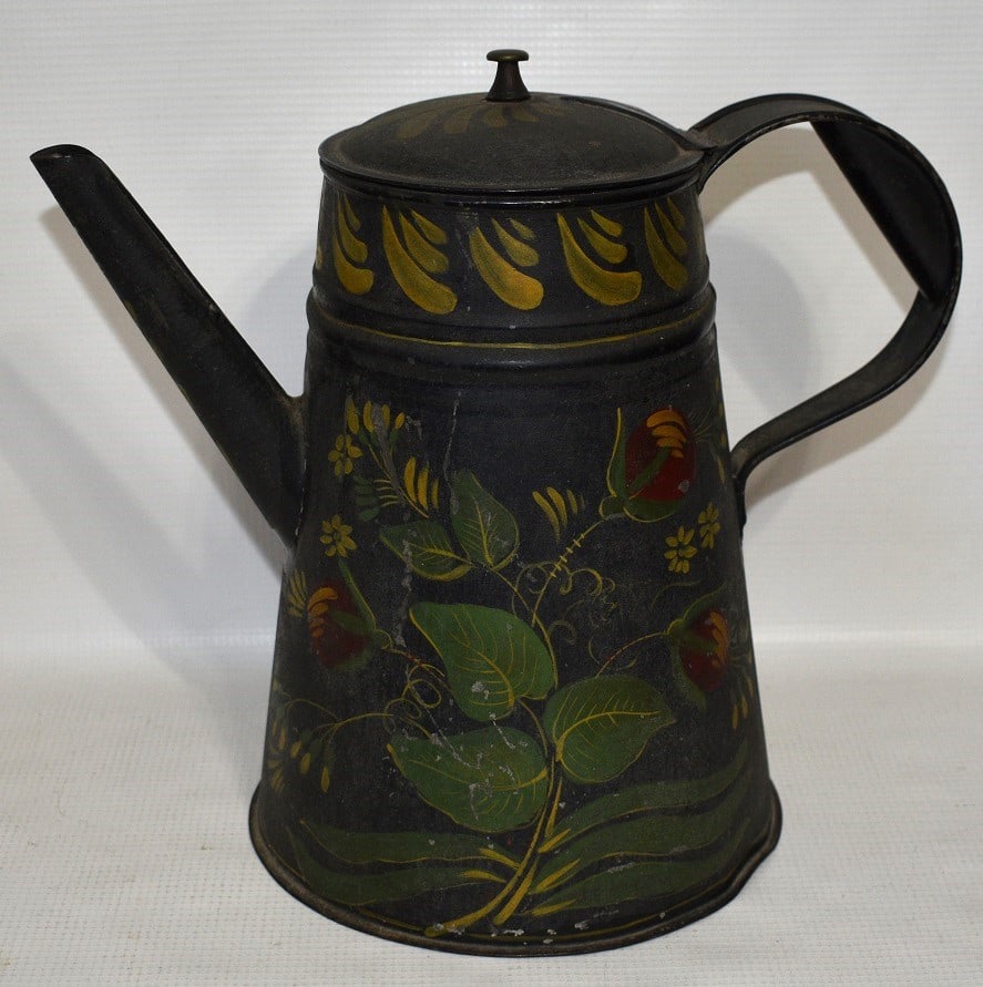 COUNTRY TOLEWARE DECORATED COFFEE POT, 19TH C. (1 of 11)