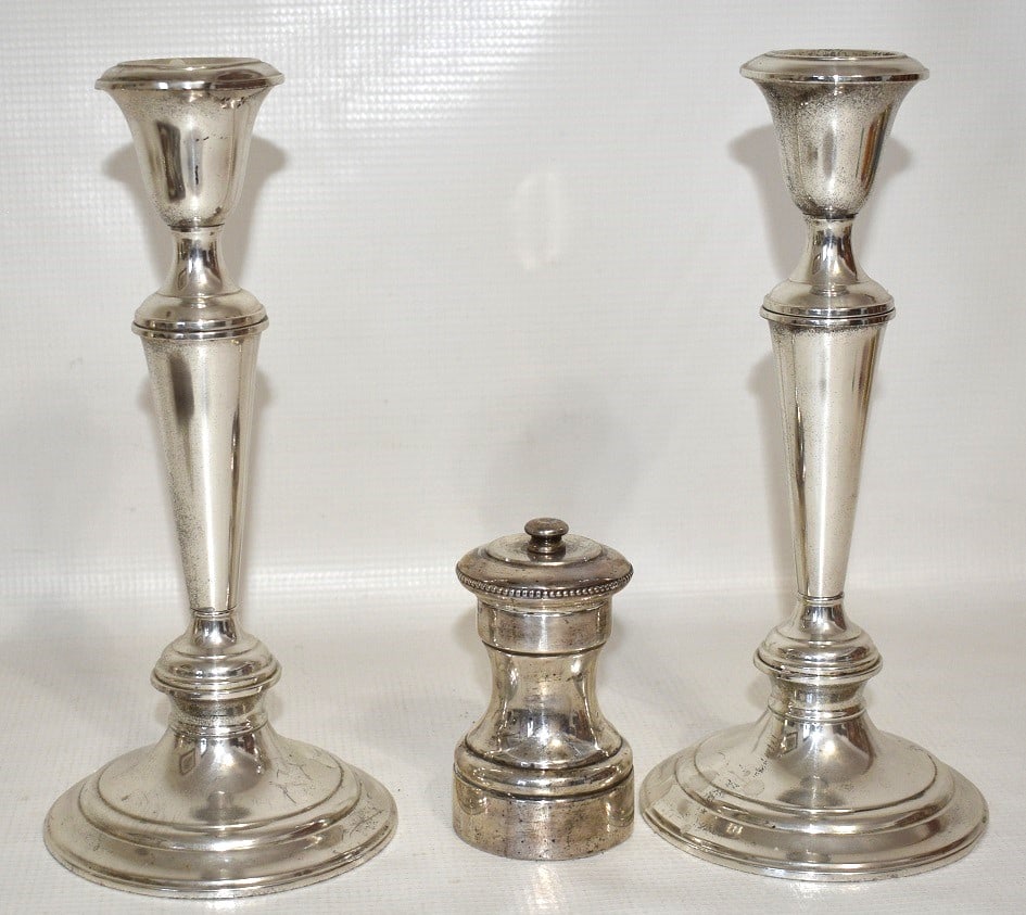 3 STERLING WEIGHTED CANDLESTICKS & PEPPER MILL, 20TH C. (1 of 14)