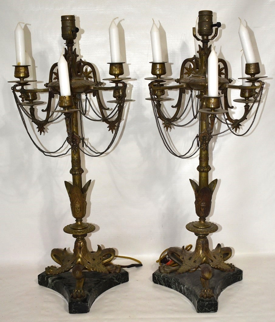 PAIR VICTORIAN BRASS/MARBLE CANDELABRA, 198/20TH C. (1 of 12)