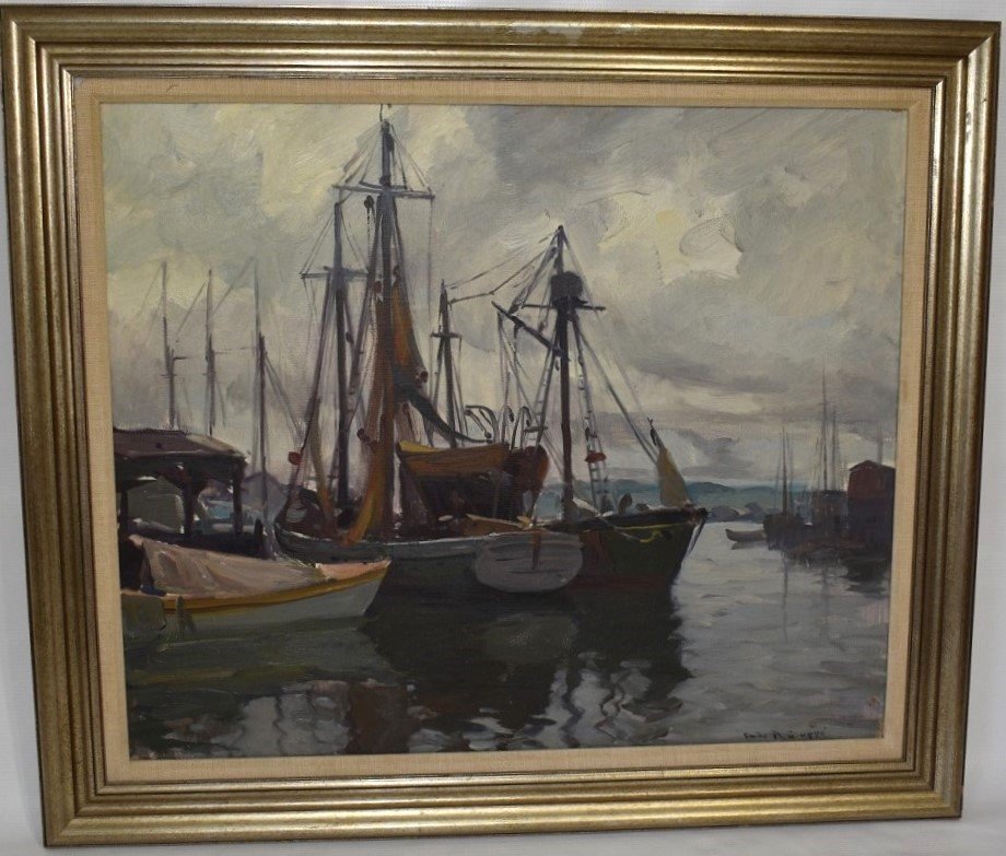 O/C "DOCKED BOATS AT GLOUCESTER" SIGNED EMILE A. GRUPPE' (1 of 8)