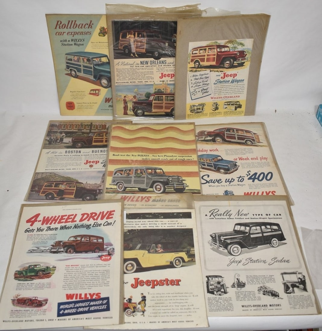 (8) ASSORTED JEEPSTER (WILLYS OVERLAND ADVERTISING ADS): LOT (8) ASSORTED JEEPSTER (WILLYS OVERLAND ADVERTISING ADS) 14" X 11"