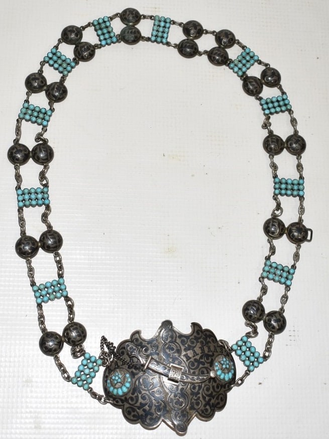 RUSSIAN SILVER COSSACK BELT W/TURQUOISE BEADS, SIGNED (1 of 11)