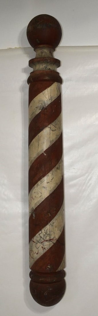 FINE PAINTED CARVED WOOD BARBER POLE, 19TH C., H. 50" (1 of 14)