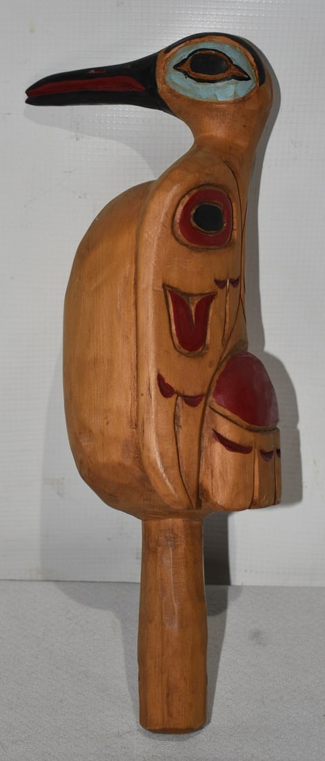 NORTHWEST COAST CARVED/PAINTED PINE RATTLE, 20TH C. (1 of 6)