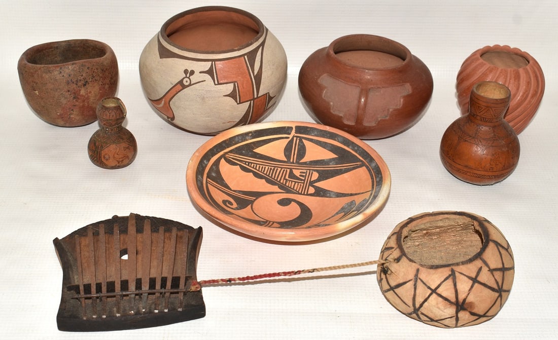 LOT (8) AMERICAN INDIAN RED CLAY POTTERY, WOOD/GOURD (1 of 17)