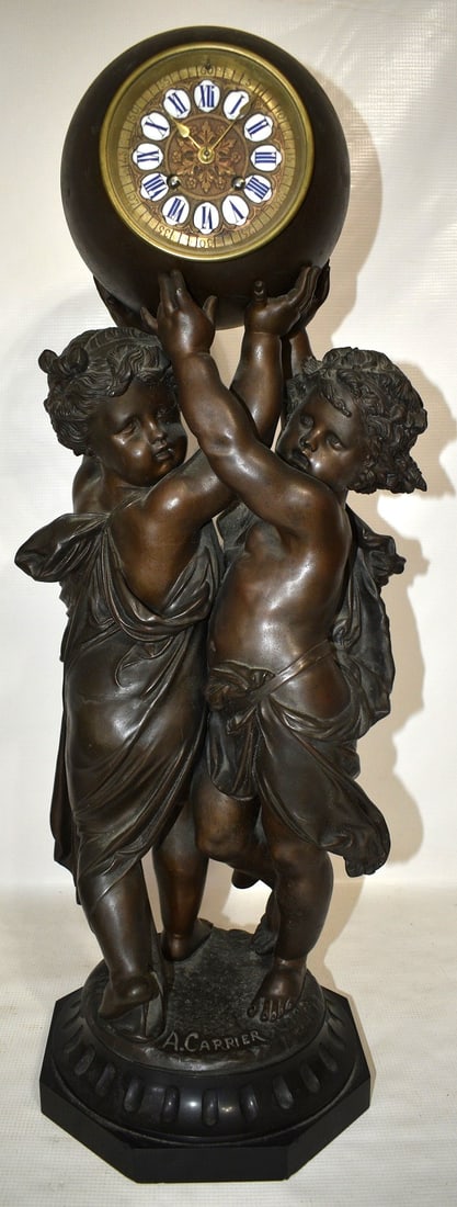 LARGE CLASSICAL BRONZE MANTLE CLOCK SIGNED A, CARRIER (1 of 11)