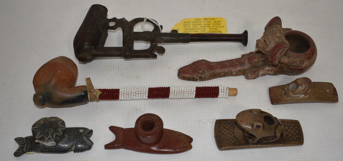 LOT (6) INDIAN CARVED CATLINITE, SOAPSTONE & WOOD PIPES (1 of 14)
