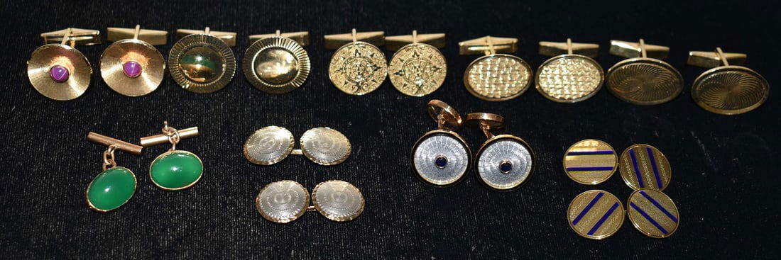 9 PAIR VINTAGE 14KT YELLOW GOLD CUFFLINKS, 44.5 DWT (1 of 13)