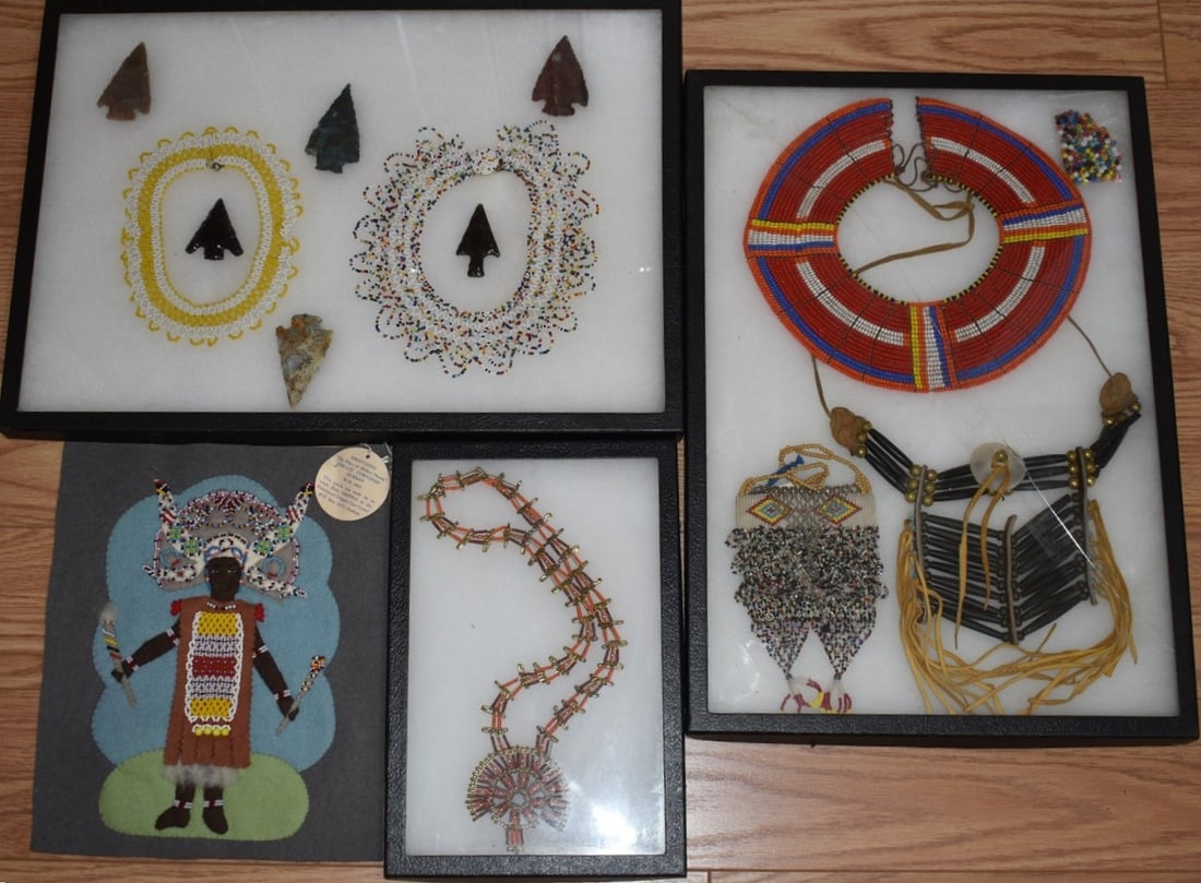LOT (4) TRAYS AFRICAN BEADED COLLARS/ARROWHEADS, 20TH C. (1 of 11)