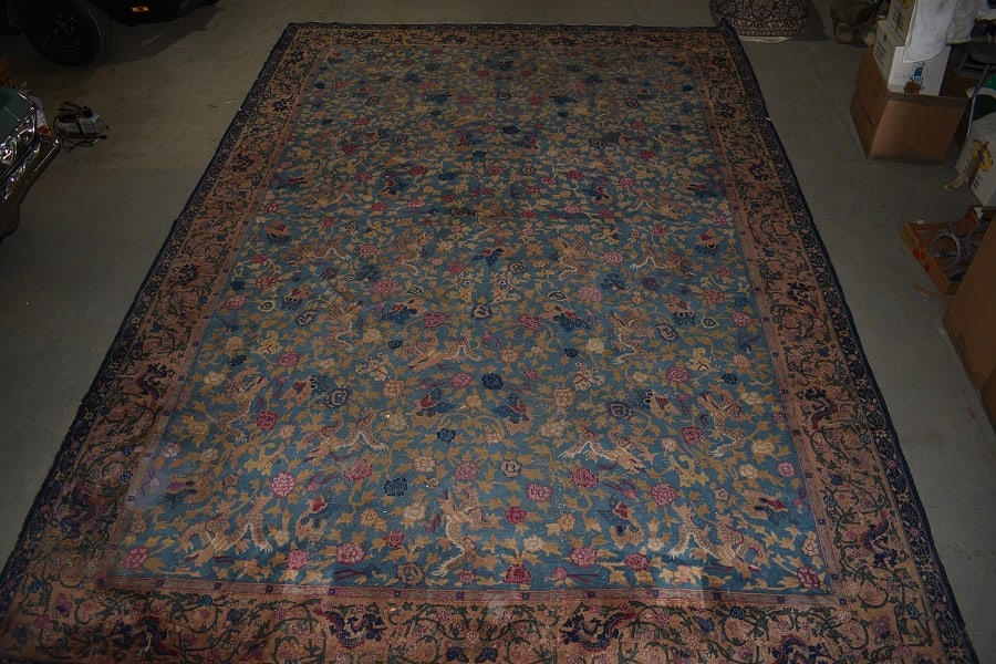 SAROUK ORIENTAL ROOM SIZE CARPET W/BLUE GROUND/DRAGON (1 of 9)