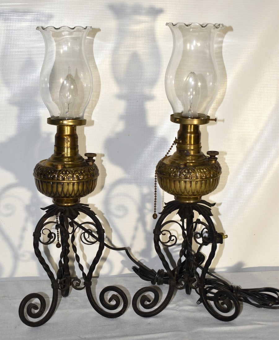 PAIR RARE TINY MILLER BRASS/IRON TABLE LAMPS (1 of 10)