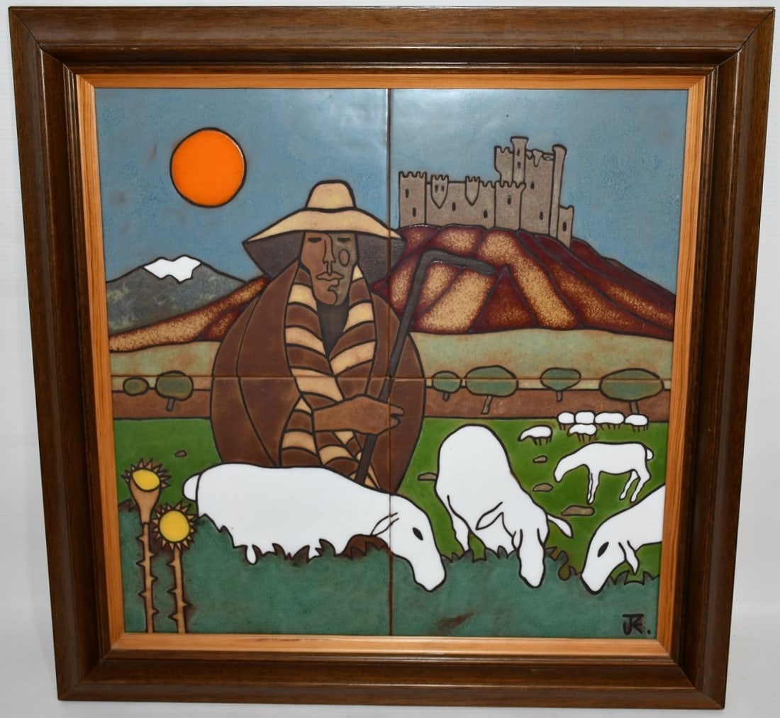 VINTAGE SPANISH? MCM GLAZED TILE ART, C. 1950/60: VINTAGE SPANISH? MCM GLAZED TILE ART, C. 1950/60, 14" X 14", 18" X 18" OVERALL