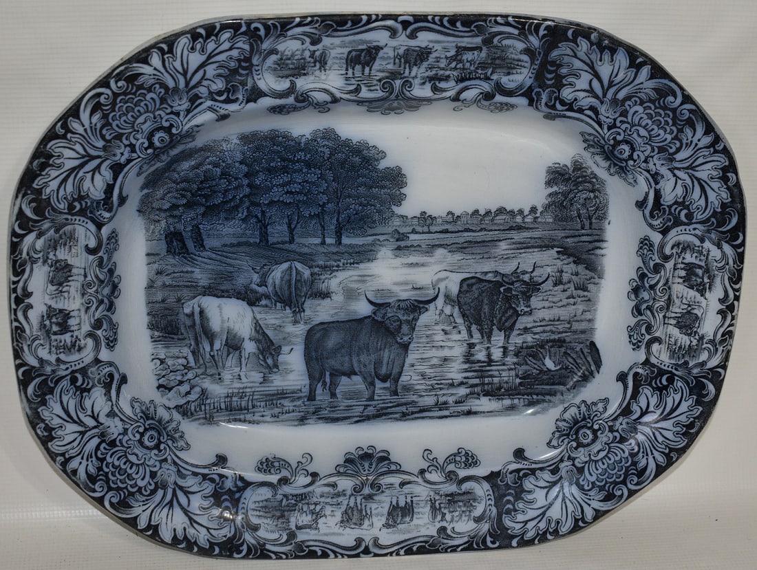 WEDGWOOD FLOW BLUE CATTLE/STEER PLATTER, 19TH C. (1 of 9)