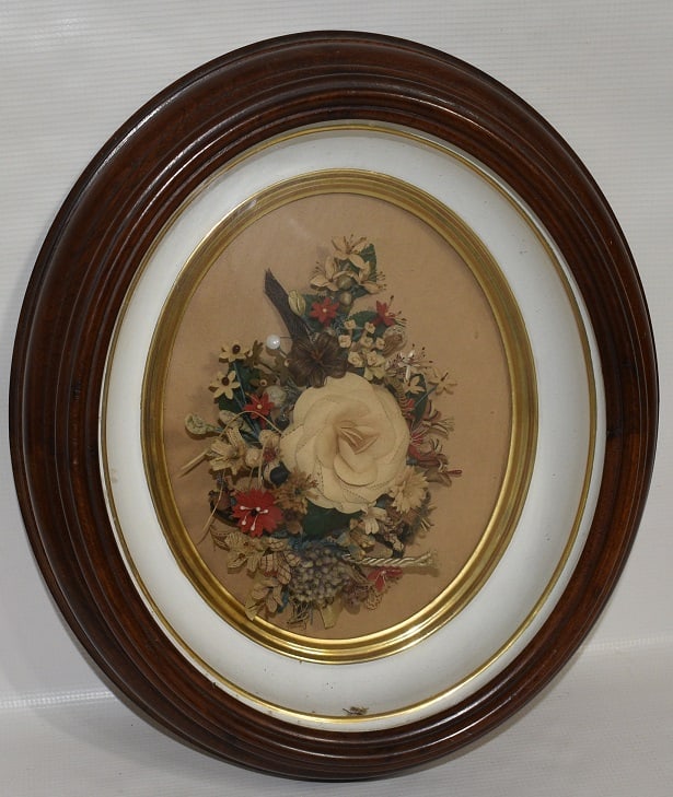 VICTORIAN FABRIC/HAIR FLOWER WREATH IN WOOD SHADOW BOX (1 of 9)
