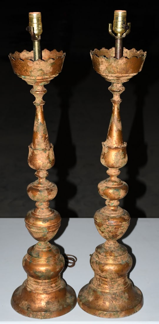 PR ITALIAN STYLE BRASS ALTER STICK TABLE LAMPS, C. 1960 (1 of 5)