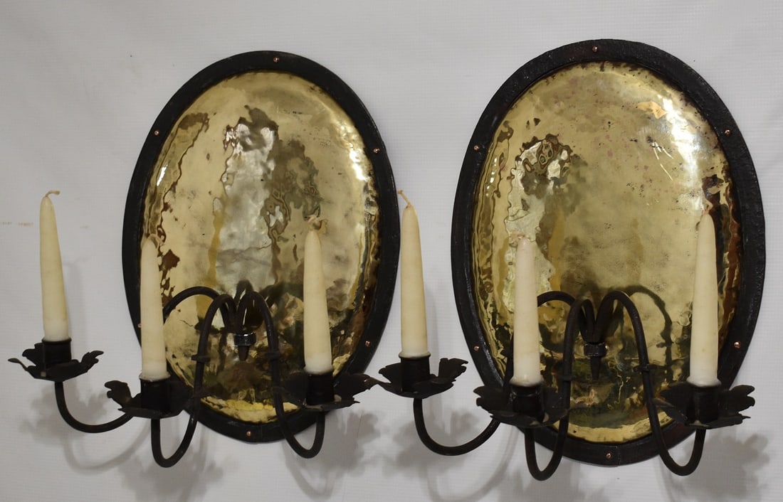 PAIR ENGLISH WROUGHT IRON/BRASS CANDLE SCONCES, 19TH C. (1 of 12)