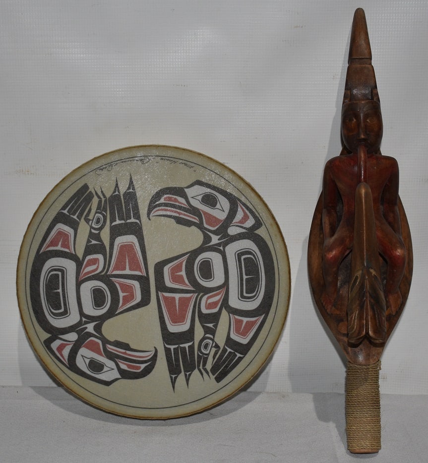 2 NW COAST DRUM SIGNED FISH HAWK CLARENCE WELLS/RATTLE (1 of 9)