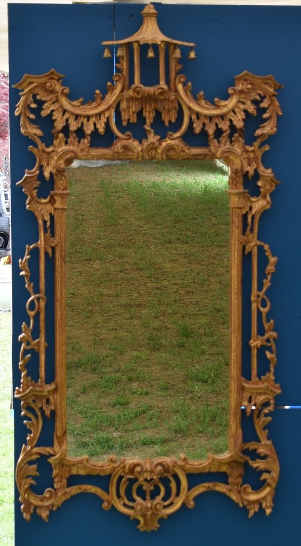 JAPANESE CHIPPENDALE STYLE GILT WOOD MIRROR, 20TH C.: JAPANESE CHIPPENDALE STYLE GILT WOOD MIRROR, 20TH C., H. 5' 4" W. 32"