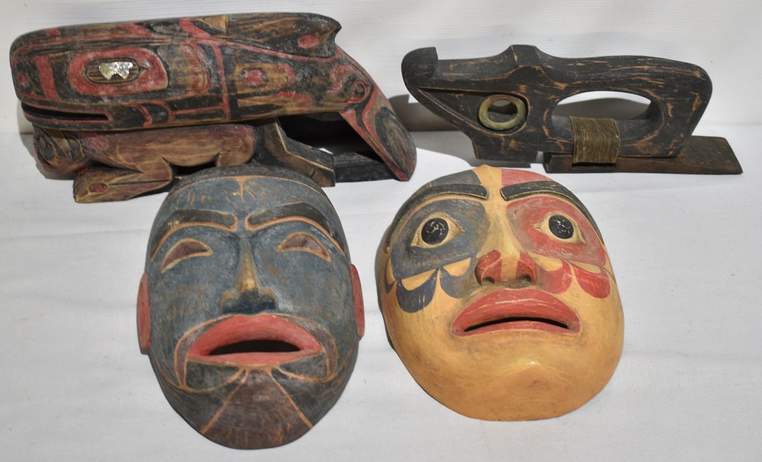 4 CARVED PAINTED PINE NW COAST CANOE PLANE, MASKS, ETC. (1 of 10)