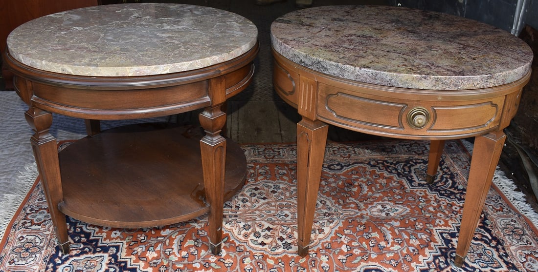 LOT (2) REGENCY STYLE FRUITWOOD MARBLE TOP END TABLES (1 of 7)