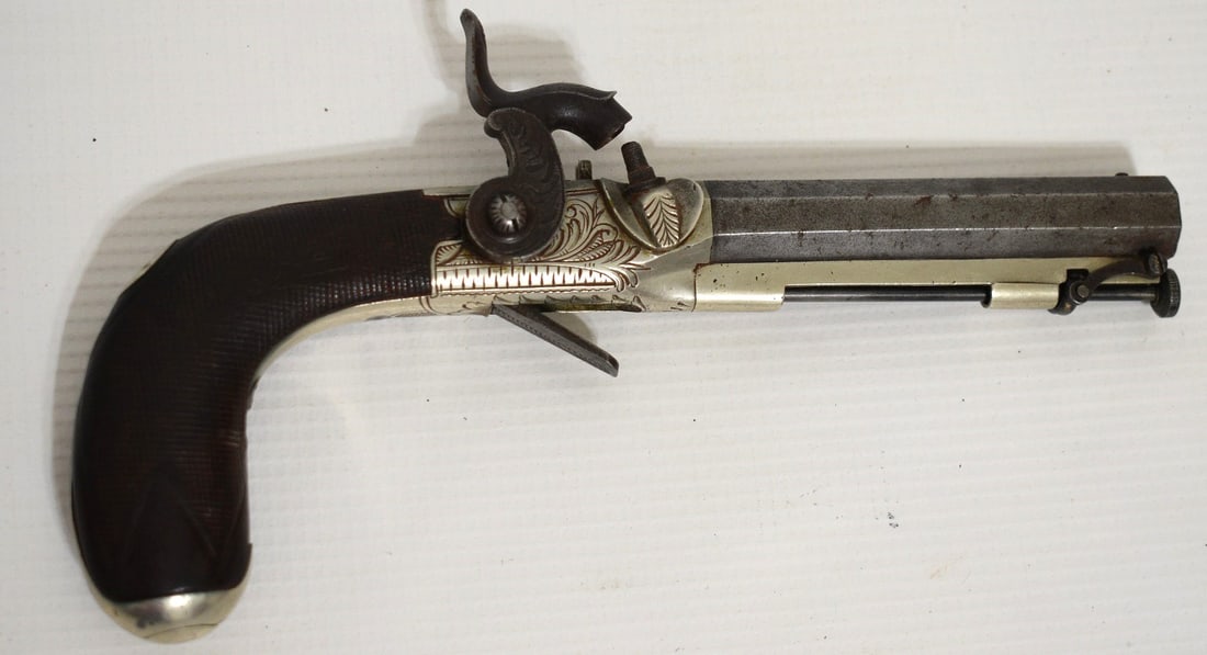 J TARRATT LONDON ARMS SILVER ENGRAVED PERCUSSION PISTOL: J. TARRATT LONDON ARMS SILVER ENGRAVED PERCUSSION PISTOL, 19TH C.
