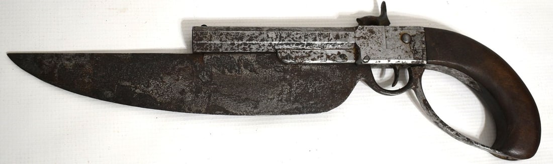 ELGIN STYLE PATENT PERCUSSION 36 CAL. PISTOL/KNIFE: ELGIN STYLE PATENT PERCUSSION 36 CAL. PISTOL/KNIFE, SER. NO. 182, OLD GLORY, 20TH C. COPY, TOTAL L. 16 1/2", BLADE L. 10 1/2"