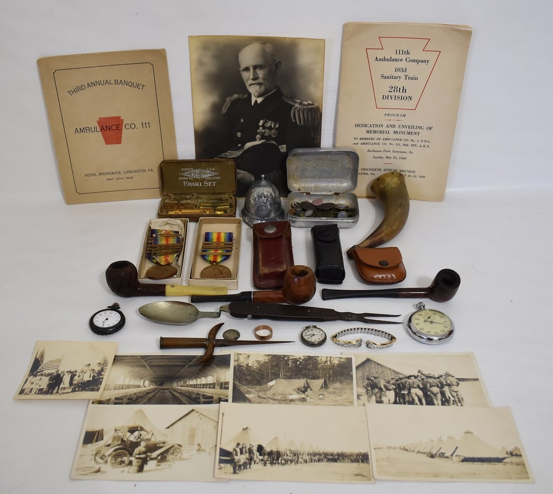 LOT ASST. MILITARY ITEMS INCL. WWII MEDALS, GOLD RING: LOT ASSORTED MILITARY ITEMS INCL. WWII MEDALS, GOLD RING & WATCHES, SPOON & FORK CAMP UTENSILS C. 1860, PISTOL POWDER HORN, ETC.