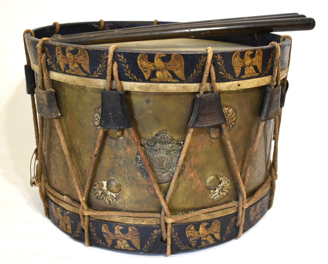 RARE FRENCH BRASS/ROPE DRUM REZEAU ROUEM, 19TH C.: RARE FRENCH BRASS/ROPE DRUM REZEAU ROUEM, 19TH C., H. 11" D. 16"
