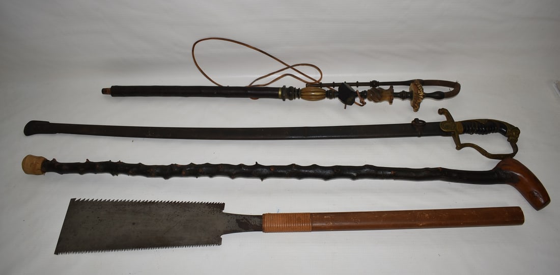 4 GERMAN SWORD & PIPE MOUTHPIECE/JAPANESE SAW/SHALAYLEE: LOT (4) GERMAN SWORD, JAPANESE SAW, GERMAN PIPE MOUTHPIECE & SHALAYLEE, 19/20TH C.