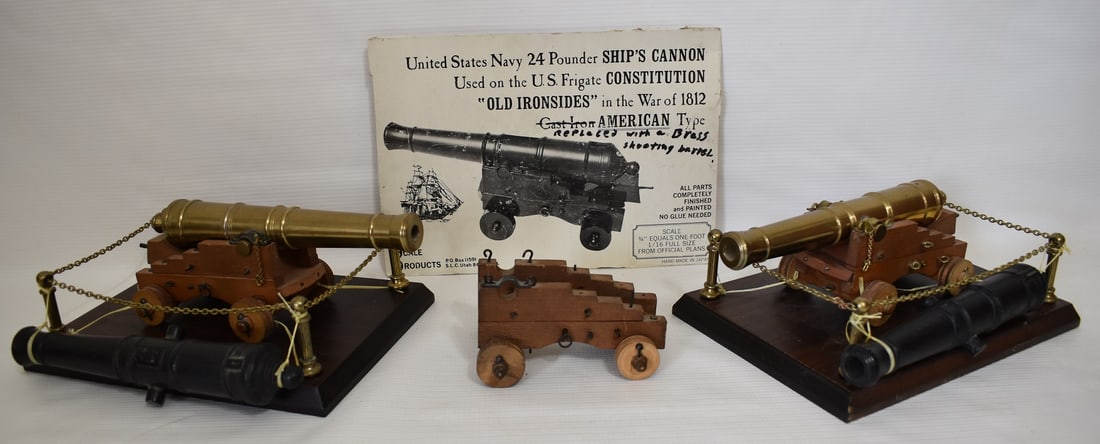 (2) 24 POUNDER SHIPS CANNON MODELS US CONSTITUTION: LOT (2) 24 POUNDER SHIPS CANNON MODEL US CONSTITUTION, WAR 1812 W/ORIG. CAST IRON BARRELS, CUSTOM MADE LATHE TURNED BRASS BARRELS BORED & VENTED, EXTRA CARRIAGE