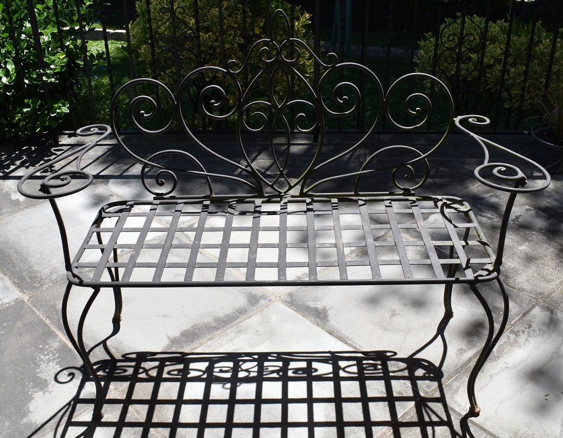 WROUGHT IRON DECK BENCH, 20TH C., L. 47", D. 20" (1 of 5)