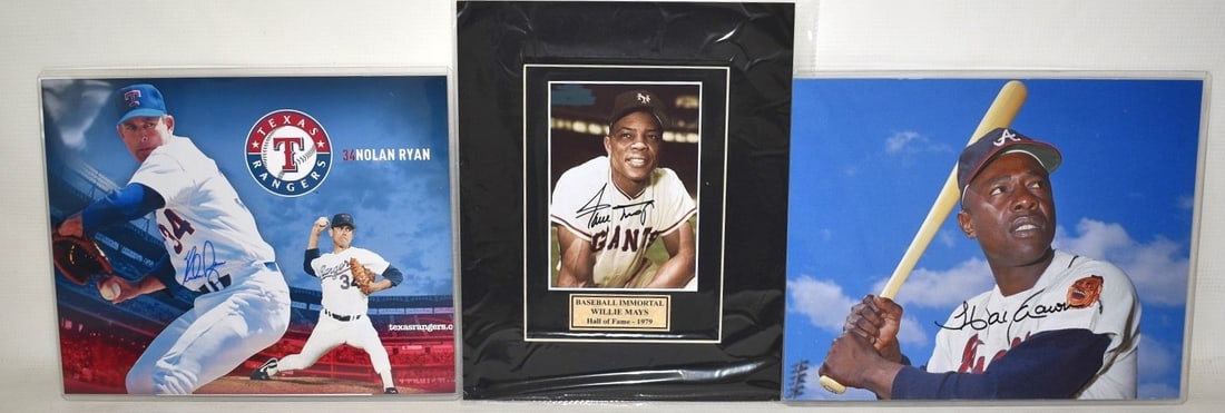 3 AUTOGRAPHED PHOTOS H. AARON, N. RYAN, W. MAYS W/COA'S (1 of 11)