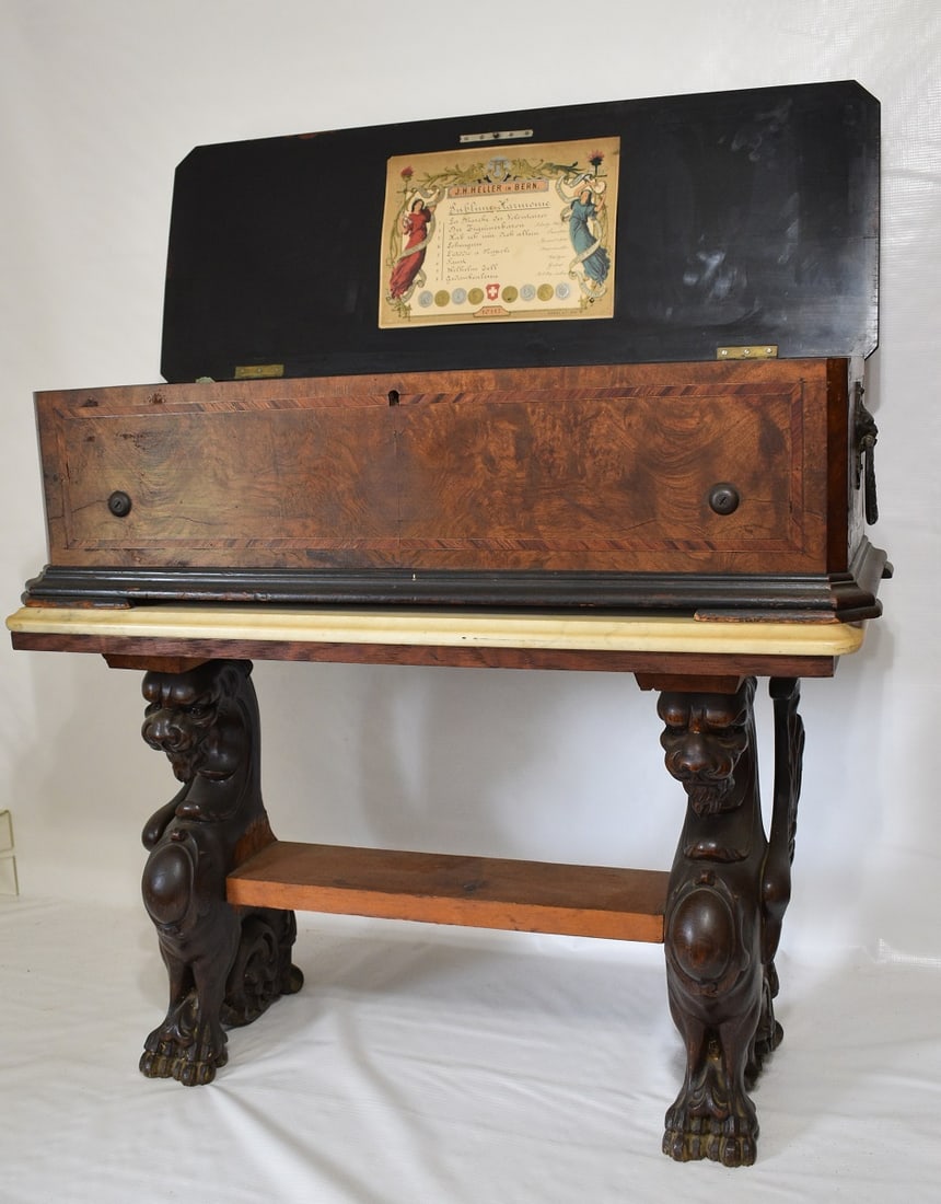 FINE SWISS MUSIC BOX W/8 TUNES & GRIFFIN CARVED BASE (1 of 20)