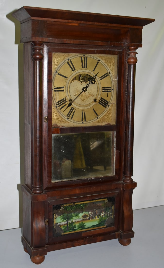 TRIPLE DECKER MIRROR WALL CLOCK, WITH WEIGHTS  C. 1830 (1 of 9)