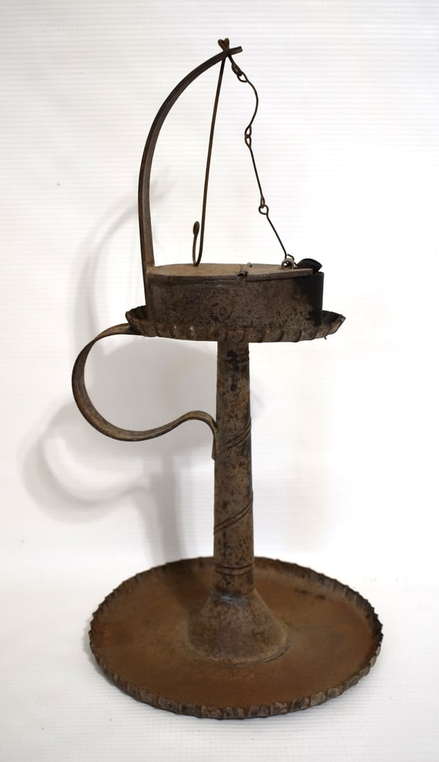 TIN BETTY LAMP ON STAND, 19TH C., H. 13" W. 7" (1 of 8)