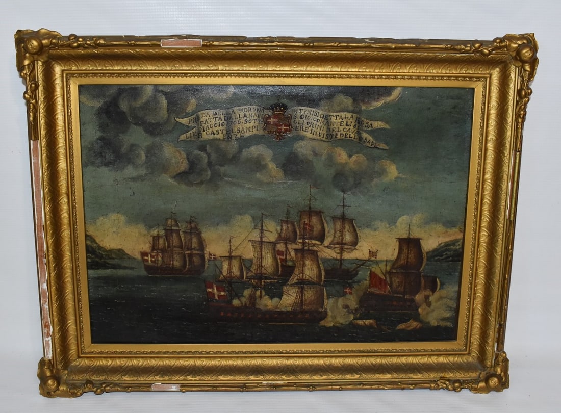 O/C SECOND NORTHERN WAR 1700-1721 DANISH SHIP BATTLE: O/C THE SECOND NORTHERN WAR 1700-1721 DANISH SHIP BATTLE W/OTTOMAN DATED 1706, RELINED, 16" X 21"