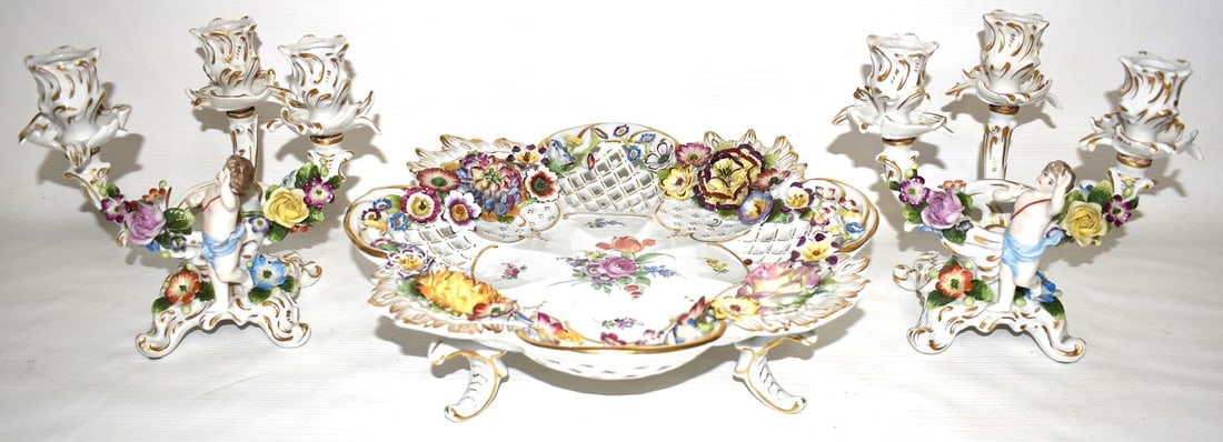 (3) DRESDEN H/P CENTER BOWL W/PR. CANDELABRA, 20TH C. (1 of 12)