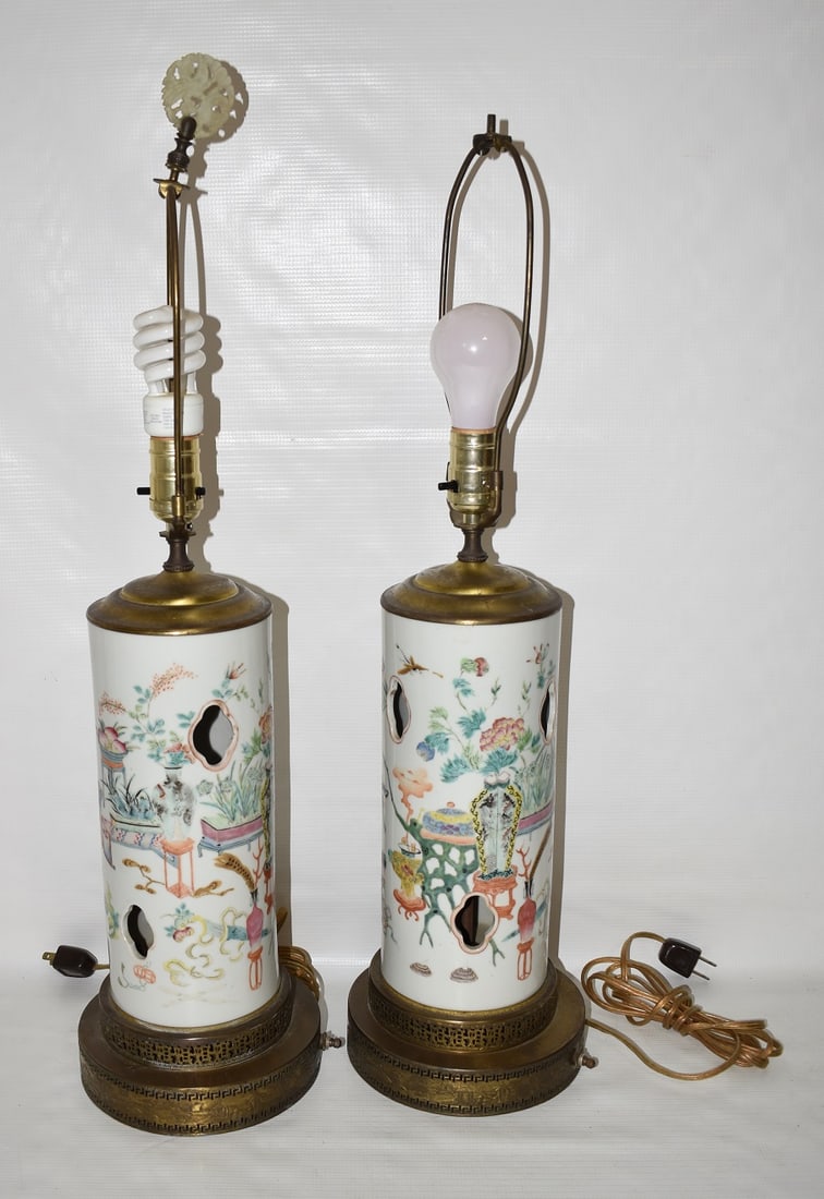 PAIR CHINESE FAMILE ROSE PORCELAIN WIG STANDS, 19TH C. (1 of 9)